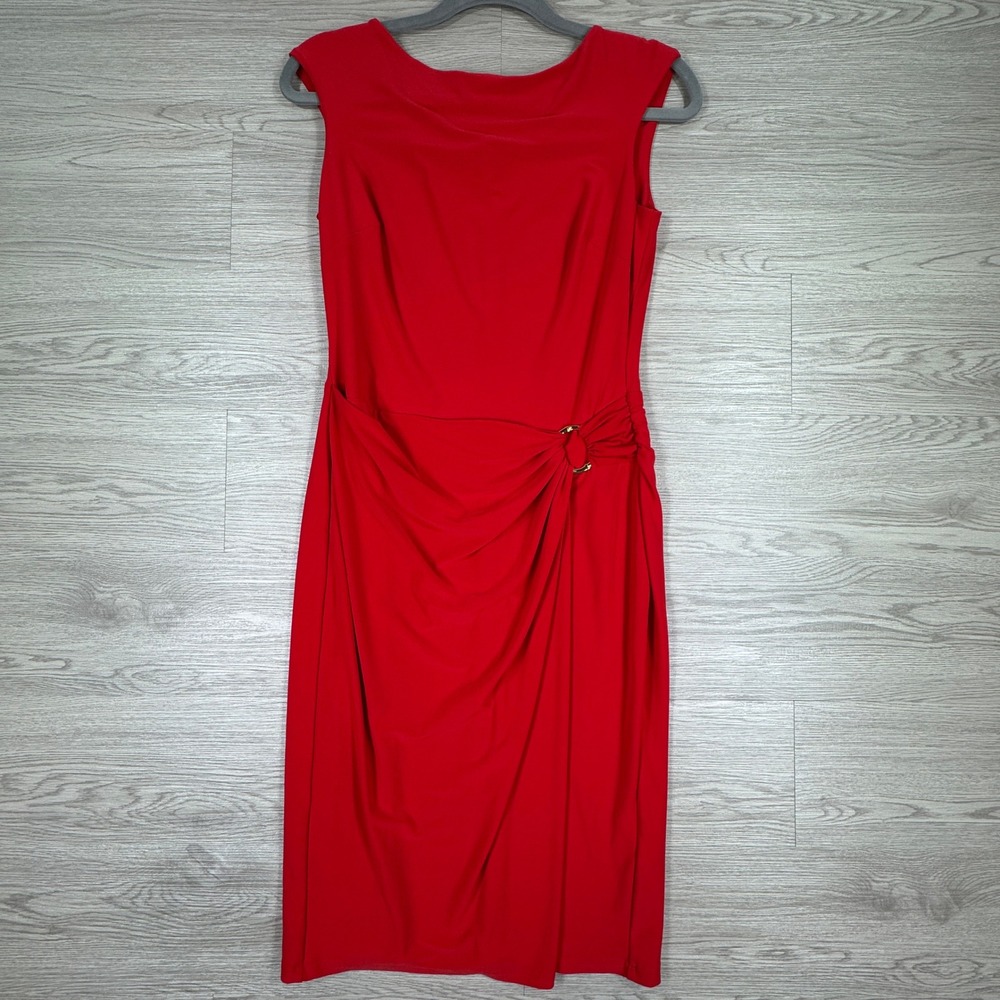Lauren Ralph Lauren Women Dress Sheath Side Drape Red 6 Sleeveless Gold Hardware